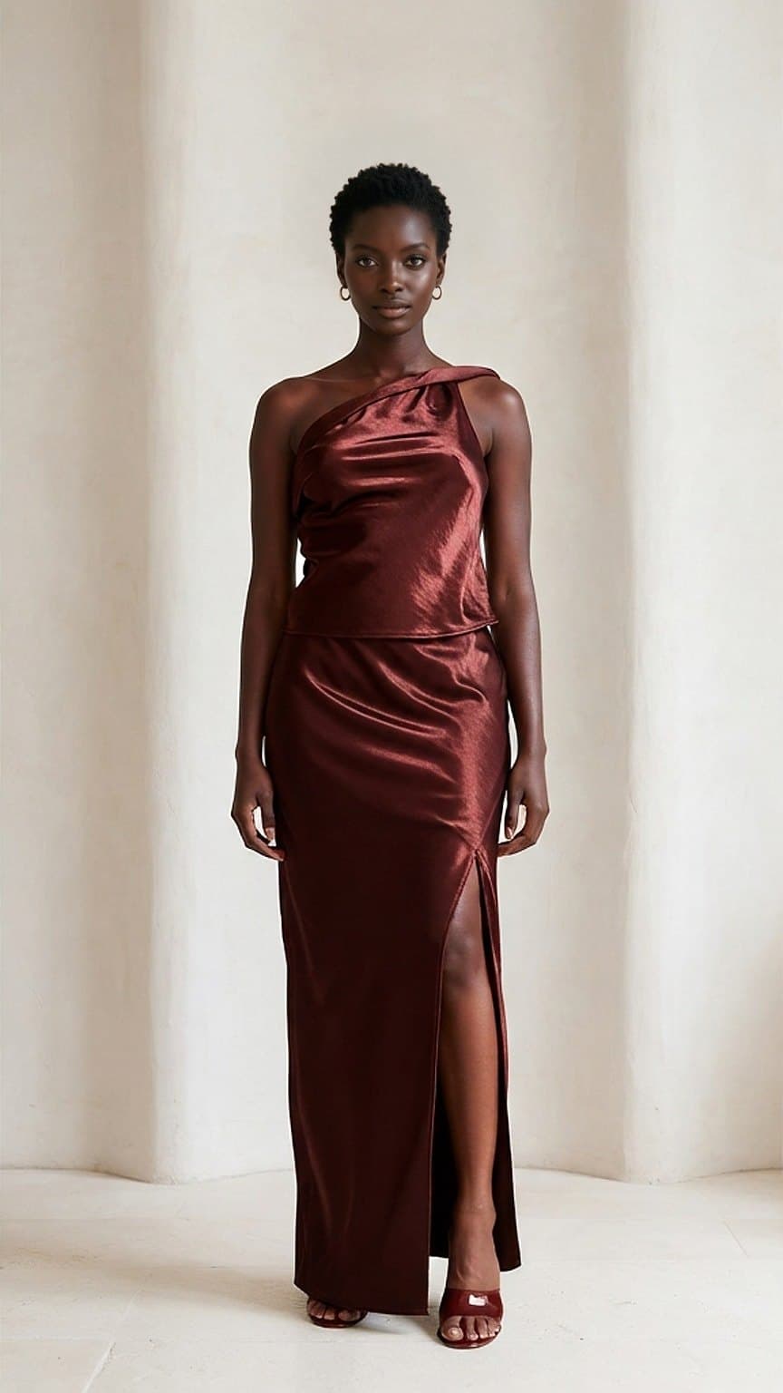 A woman wearing the ASOS asymmetric seam co-ord, tried on with Steeze