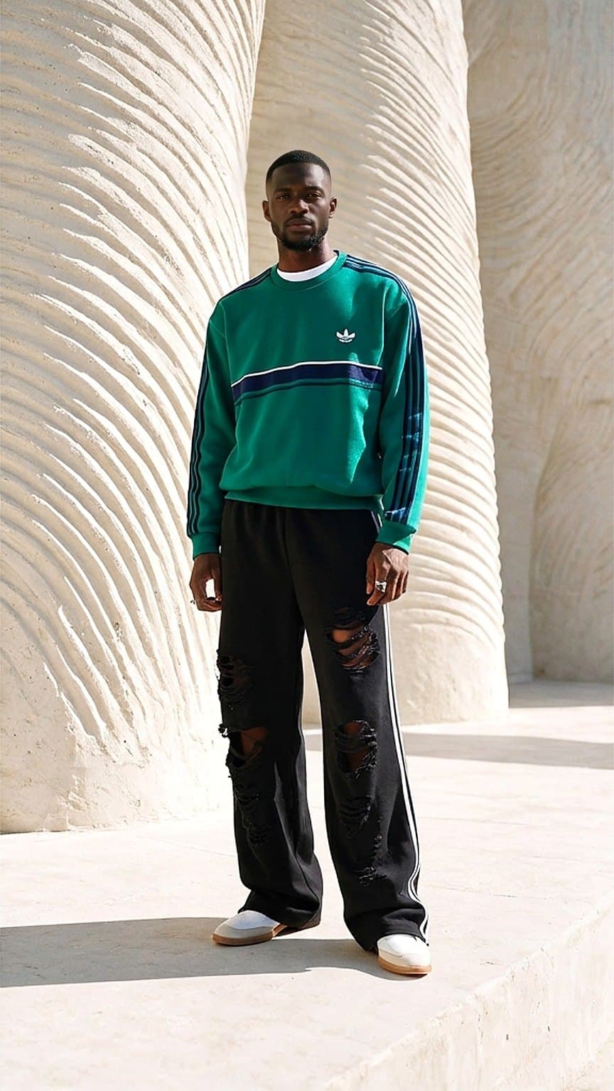 A man wearing the Adidas Originals retro sweatshirt and the distressed sweatpants, tried on with Steeze