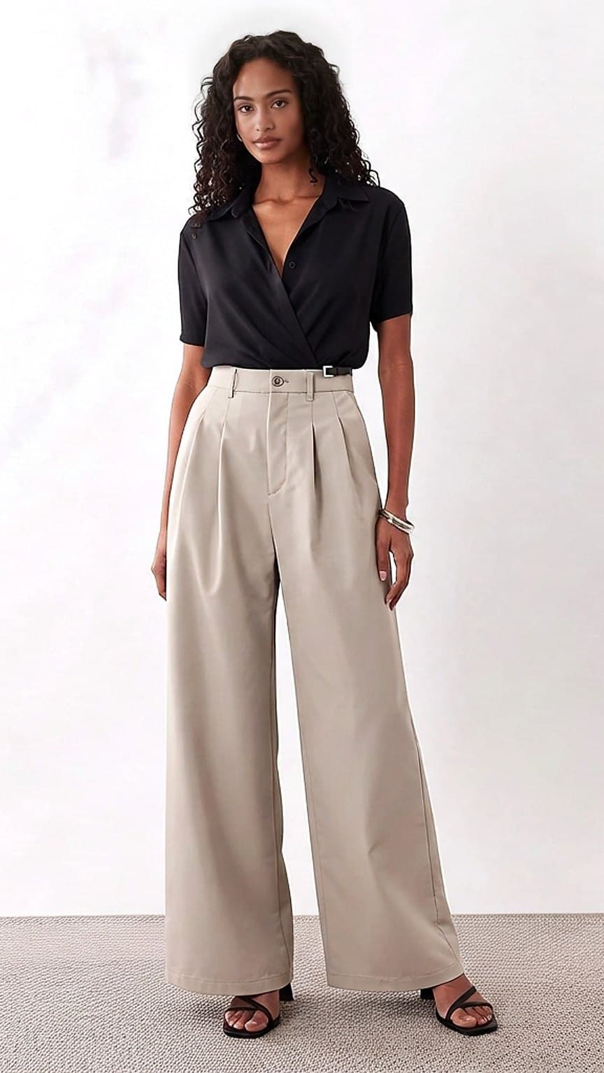 The same woman wearing the Viktoria & Woods Hercules silk wrap shirt with WARDROBE.NYC pleated wide leg trousers, tried on with Steeze