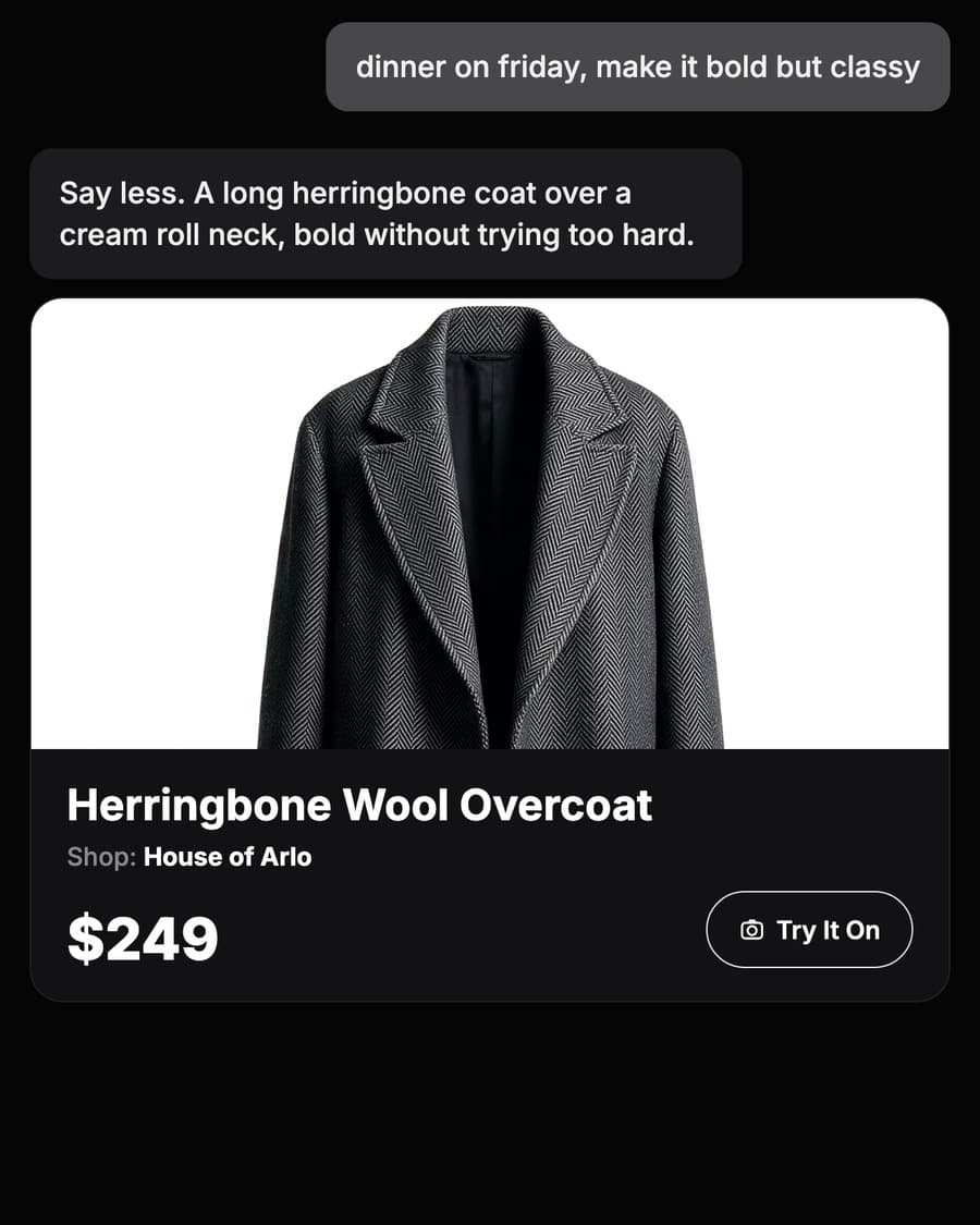 The Steeze stylist chat suggesting a herringbone wool overcoat, shown as the store product photo, the one he tries on next