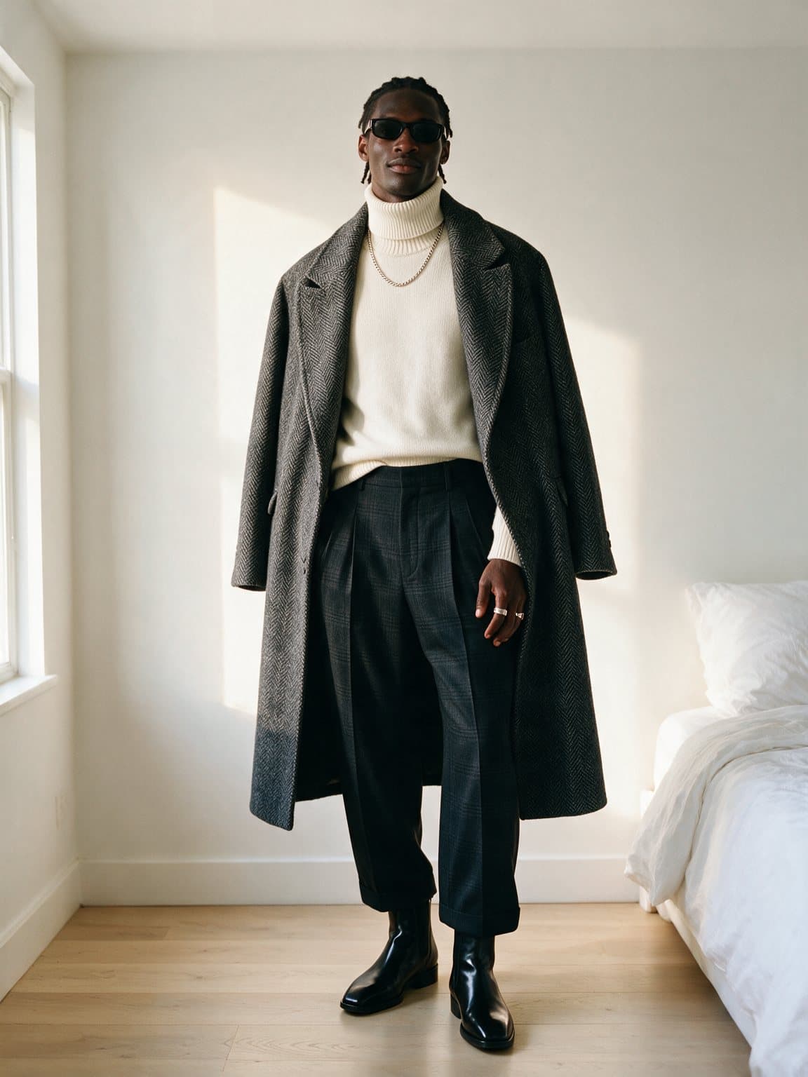 The same man wearing a grey herringbone coat and cream roll neck, tried on with Steeze