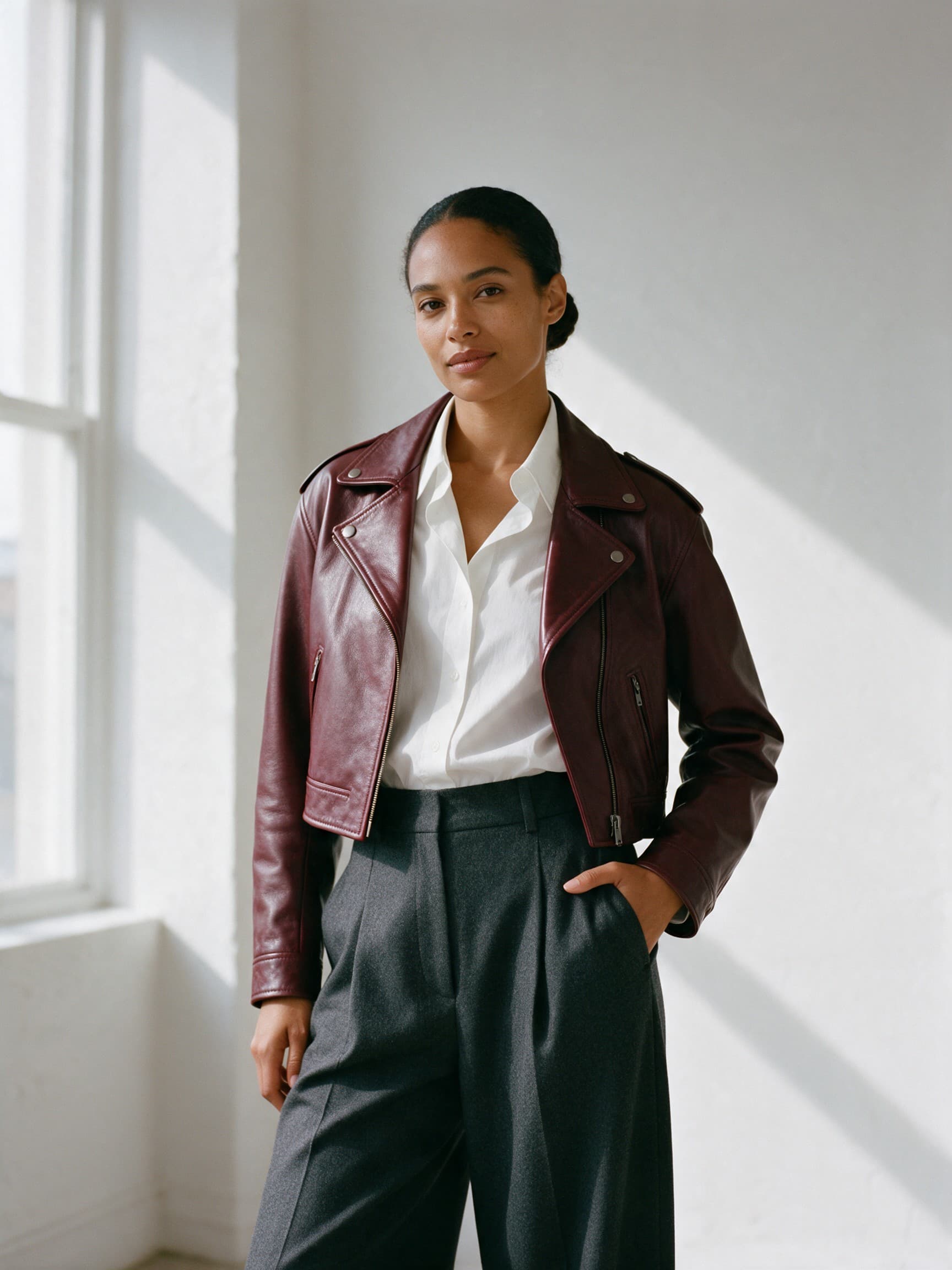 A woman in an oxblood leather jacket, white shirt and wide leg trousers, a complete outfit from Steeze