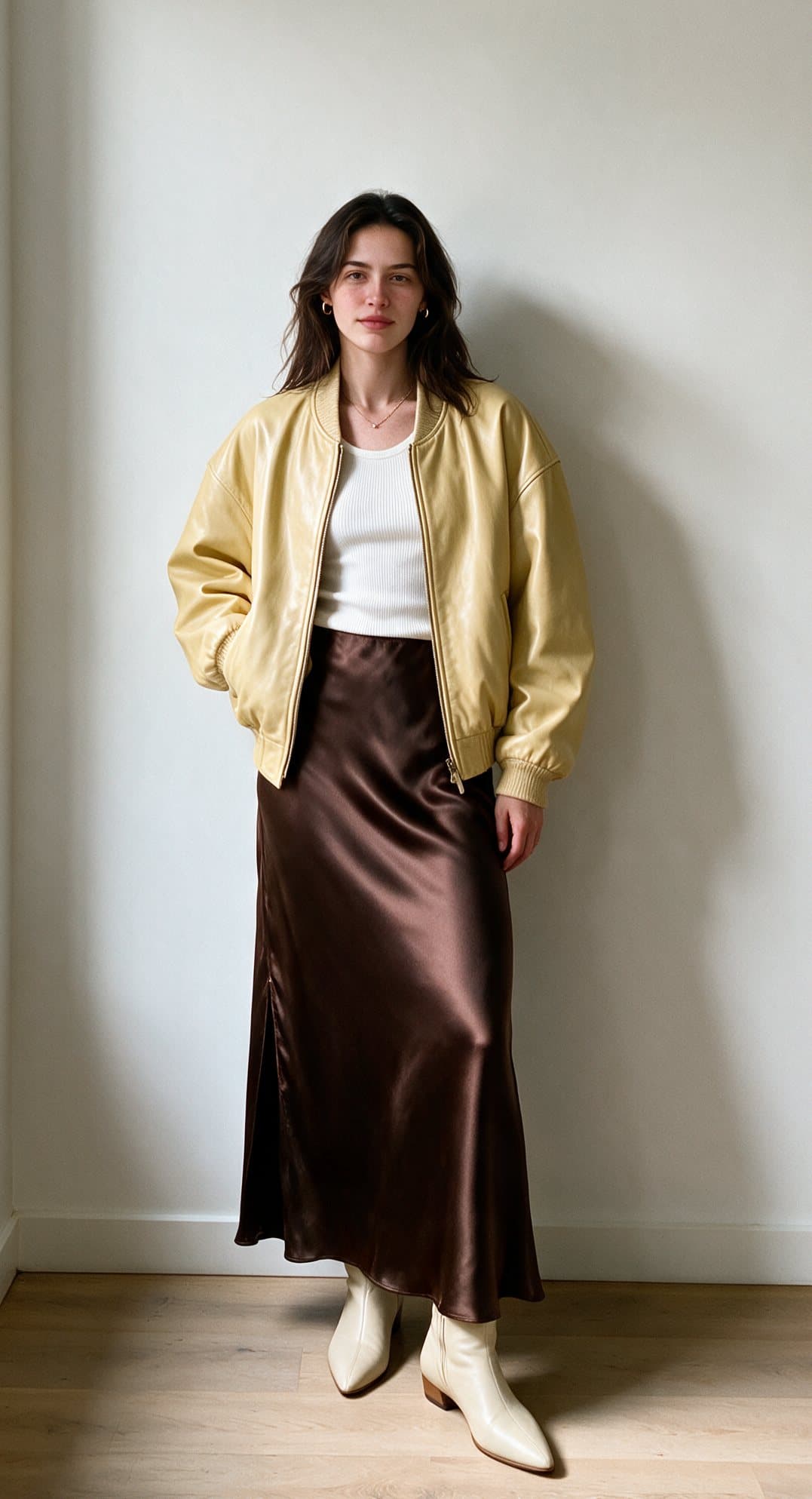 A woman in a cream bomber jacket and satin skirt, tried on with Steeze