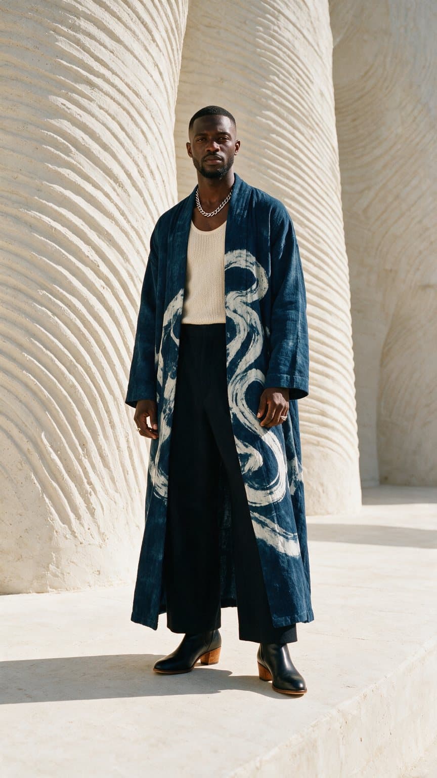 A man in his own clothes, standing in front of a plaster wall