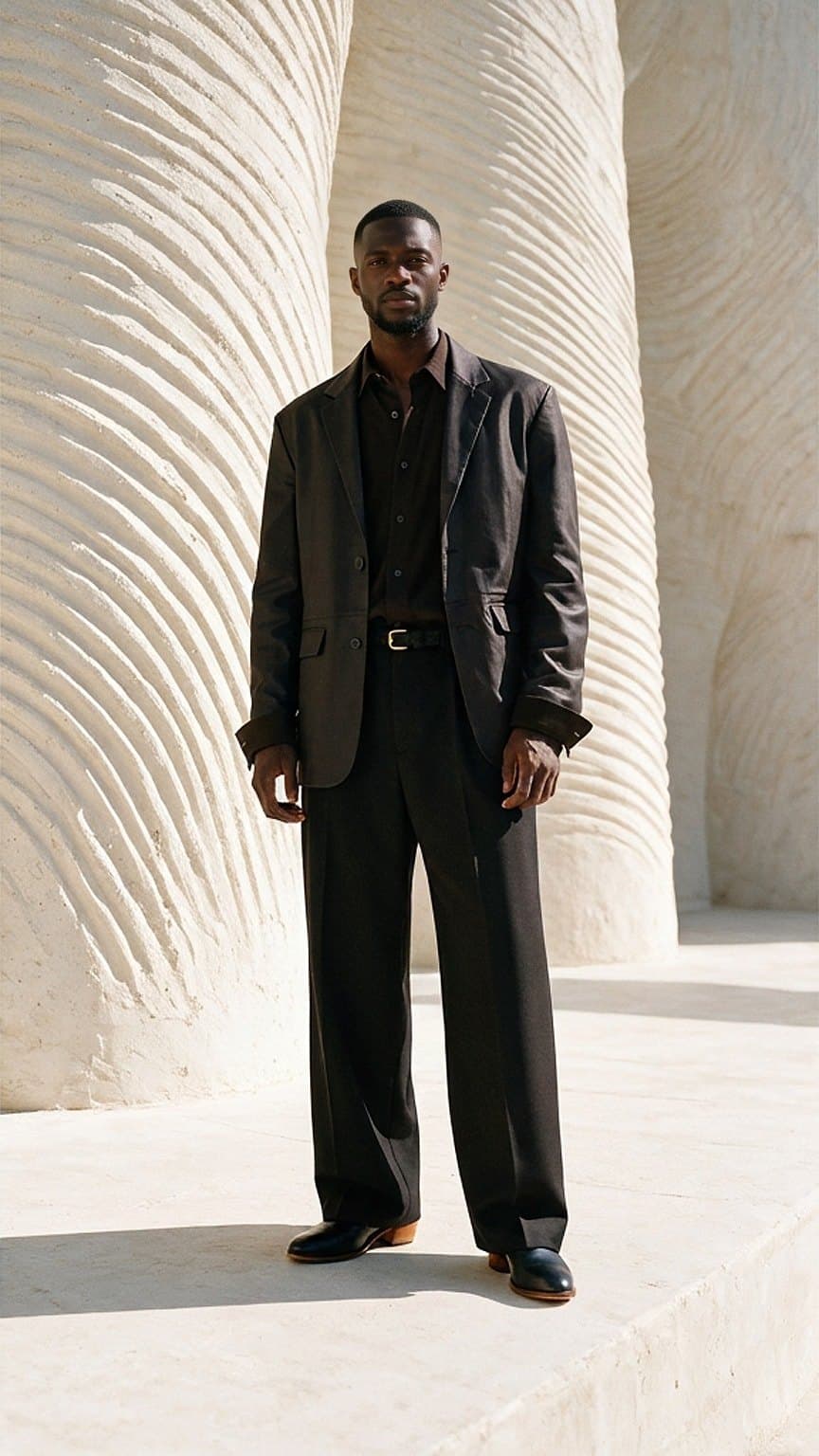 The same man wearing the Zara Relaxed Fit Leather Blazer